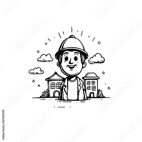 A cheerful construction worker illustration surrounded by homes suggests optimism about the