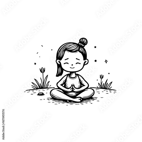 A peaceful depiction of a young girl meditating in a serene garden achieving inner peace and