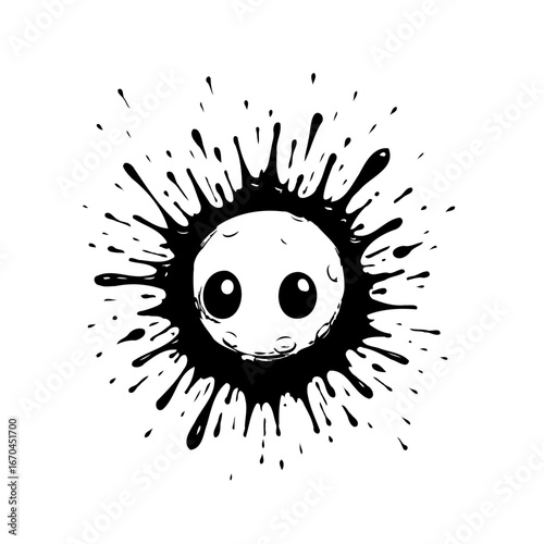 A whimsical monochrome character emerging from splatter ink evoking playfulness and abstract