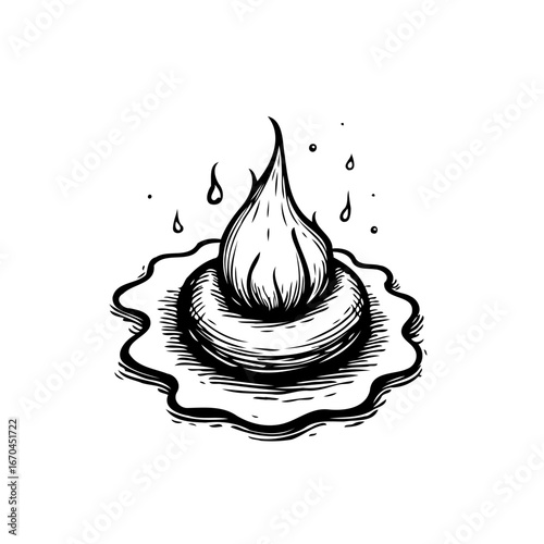 A whimsical illustration of an abstract teardrop emitting light surrounded by fluidic contour