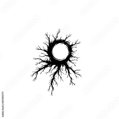 Abstract branch frame composition with a circular void ideal for nature-themed design projects and