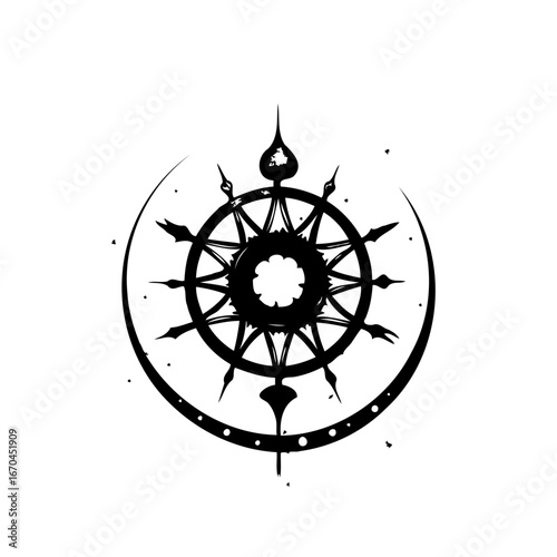 Abstract inked illustration of navigational wheel and crescent moon symbol with stylized details