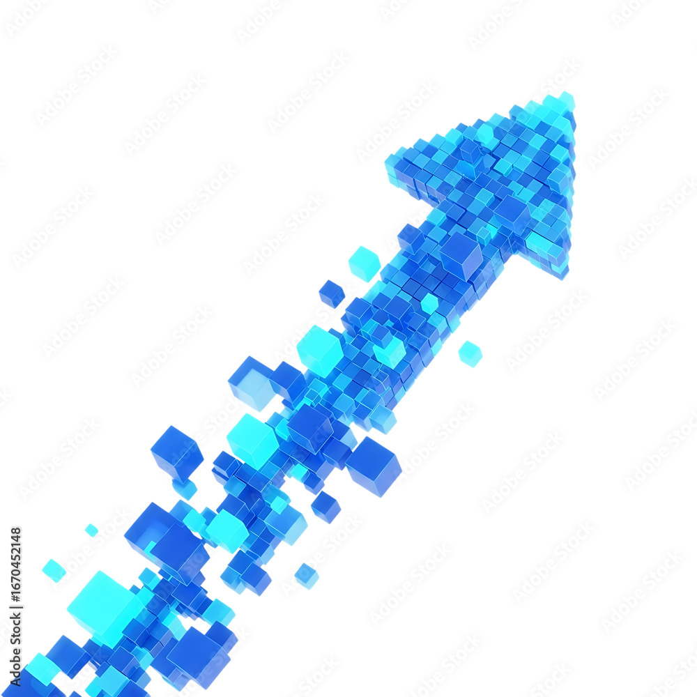 Fototapeta premium Dynamic abstract blue arrow created from glowing digital cubes ascending upward in a futuristic concept isolated on transparent background