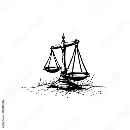 Artistic depiction of a balancing scale representing justice rendered with expressive hand drawn