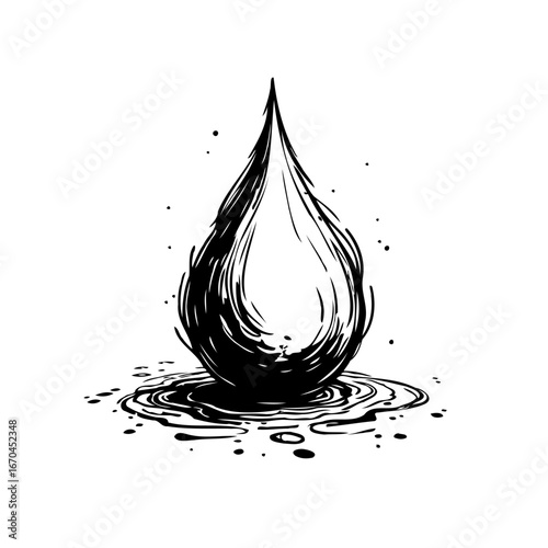 Artistic rendering of a stylized black liquid drop with concentric ripples creates abstract depth