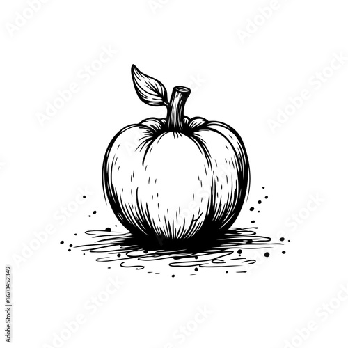 Artistic rendering of a single pumpkin with leaf and stem isolated on white background illustration