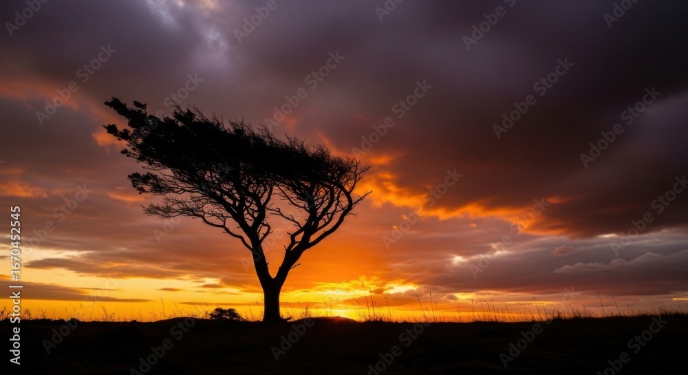 Fototapeta premium Solitary Tree Silhouette During Dramatic Sunset Over Open Landscape