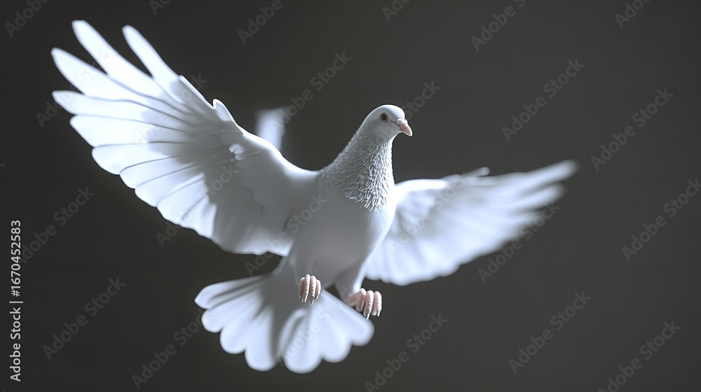 Fototapeta premium A white dove in mid flight with wings spread against a dark background in a studio setting