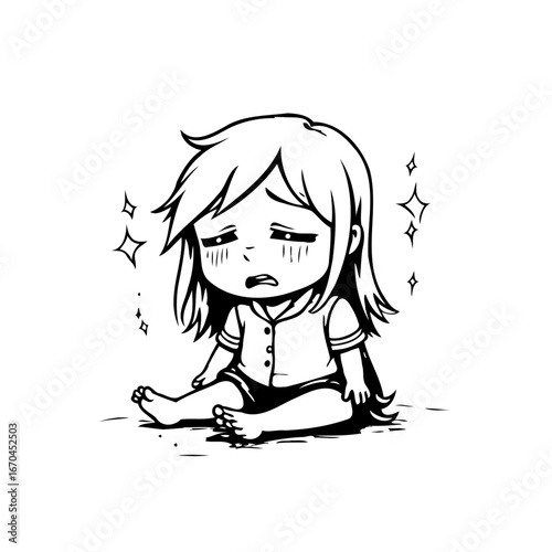 Black and white illustration of a sad girl with stars surrounding her in despairing pose showing