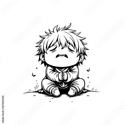 Black and white illustration of a young cartoon child meditating quietly for inner harmony and