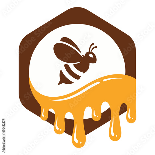 Honey Bee Emblem with Dripping Honey in Hexagon – Natural Beekeeping Logo Design