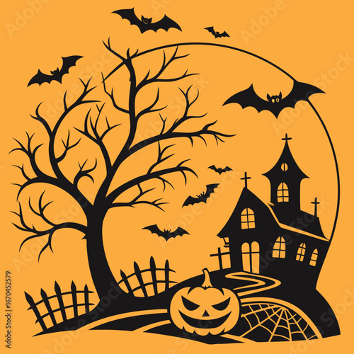 Minimalist Halloween vector – bold bats flying over pumpkin and haunted house, sharp orange and black design for spooky t-shirt printing