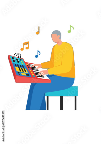 Man playing electronic keyboard with colorful musical notes in flat style vector illustration