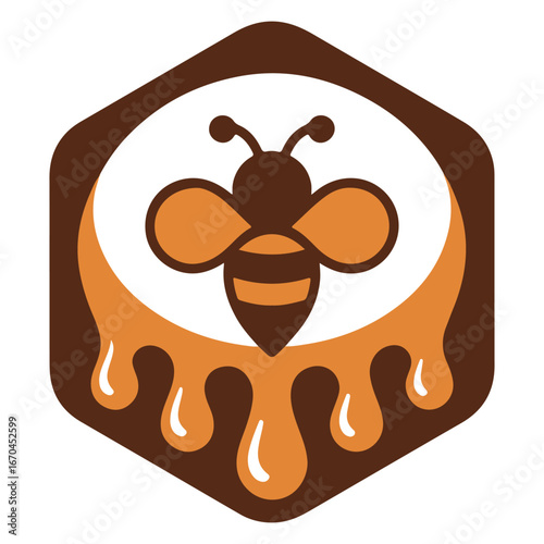 Honey Bee Emblem with Dripping Honey in Hexagon – Natural Beekeeping Logo Design