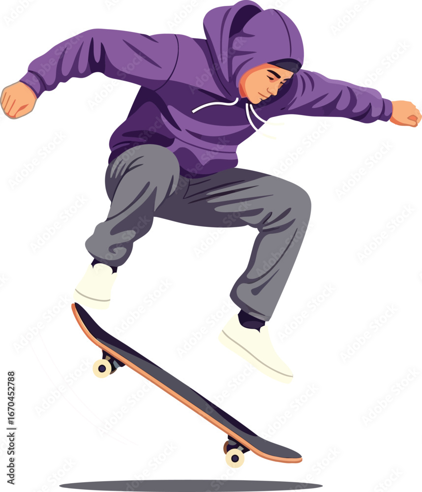 Obraz premium Skateboarder performing trick in purple hoodie and grey pants urban sport activity action vector illustration