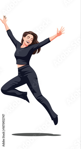 Woman jumping in joyful motion wearing black casual clothes vector illustration energetic and happy expression 