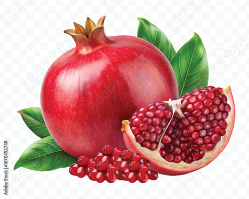 fresh pomegranate with slice and  leaves in different style isolated on transparent background