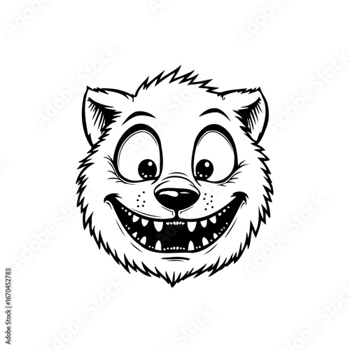 Cartoonish smiling animal face with big eyes and pointy teeth illustration artwork ideal for