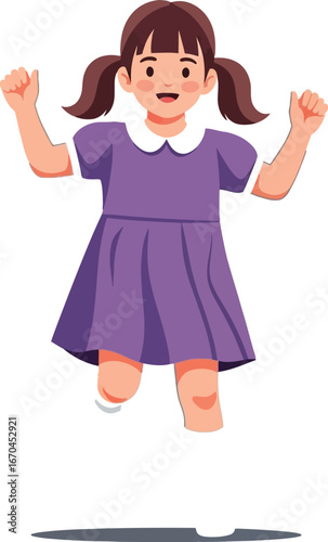 Happy young girl jumping with joy wearing purple dress smiling cheerful childhood energy playfulness 