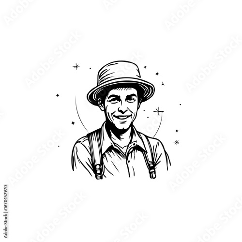 Charming line art portrait of a smiling man in a hat amidst celestial sparkles captures gentle