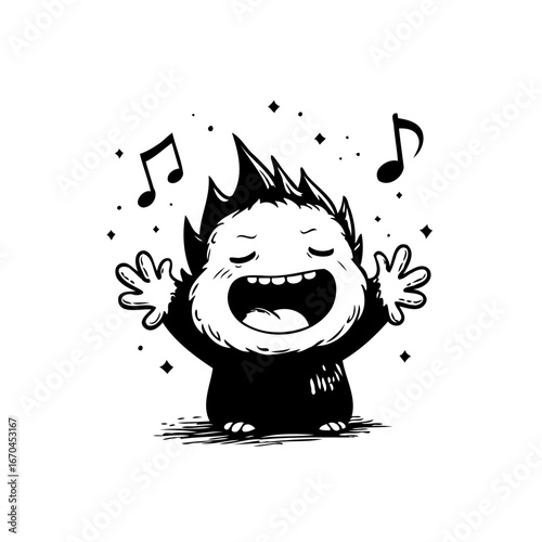 Cheerful cartoon monster character serenading with musical notes illustration showcasing happiness
