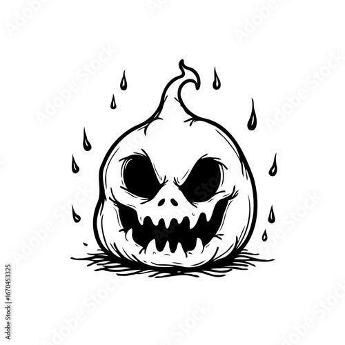 Creepy cartoonish pumpkin visage surrounded with falling liquid drops creates a strange and spooky