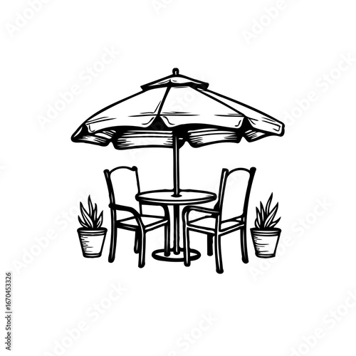 Cozy outdoor seating arrangement featuring a table chairs umbrella and potted plants evokes