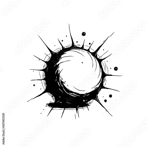 Dark circular burst with jagged spikes around a vacant center evoking an unsettling atmosphere and