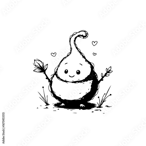 Delightful hand drawn creature with a teardrop shape in an endearing whimsical illustration