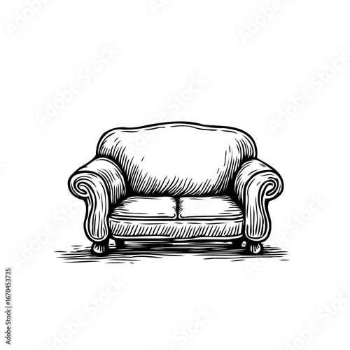 Detailed sketch of a classic two-seater sofa radiating timeless elegance and inviting relaxation
