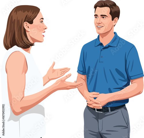 Two people having friendly conversation showing positive communication and interpersonal skills in casual clothing vector illustration 