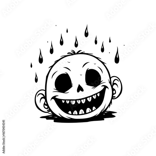 Eerie grinning head illustration with dripping shapes conveys a playful yet slightly unsettling
