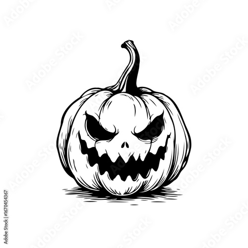 Eerie halloween pumpkin illustration with menacing expression evokes seasonal festivities and