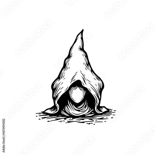 Eerie hooded figure artwork displaying darkness and mystery creating a chilling abstract mood and