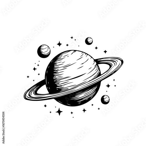 Elegant celestial illustration featuring a ringed planet surrounded by a shimmering constellation