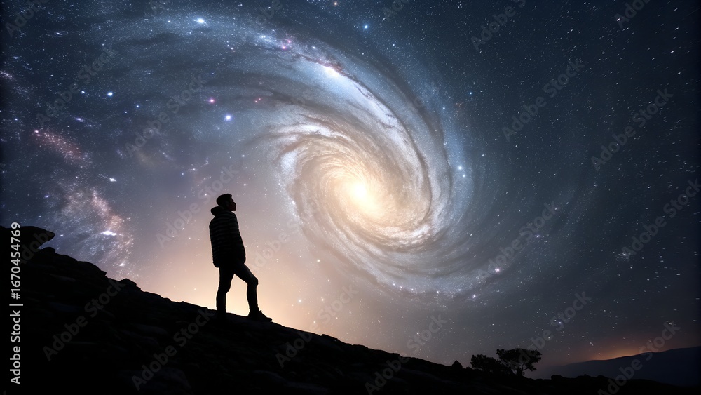 Fototapeta premium captivating image shows a lone figure, seen from behind, walking towards a magnificent, swirling cosmic portal. The portal emanates vibrant blues, oranges, and reds, resembling a nebula or a wormhole,