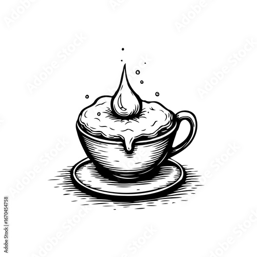 Elegant monochrome rendition showcasing a cup overflowing with creamy foam and a dripping liquid