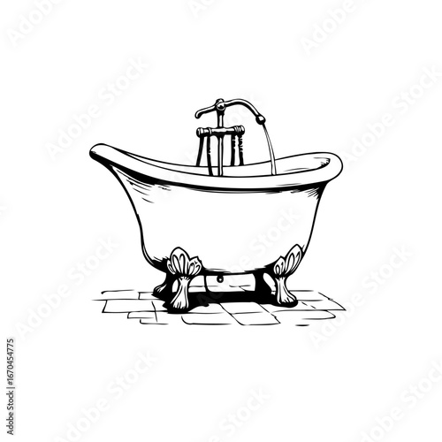 Elegant vintage bathtub illustration showcases home relaxation and stylized personal hygiene