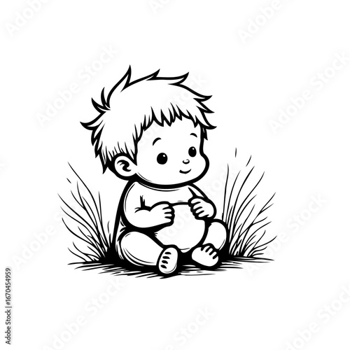 Enchanting monochrome illustration of a serene baby nestled amongst tall grass evoking peace