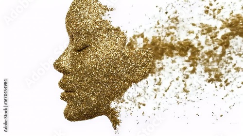 Golden Glitter Profile Face Transformation Detailed Closeup of a Person's Profile Dissolving into Sparkling Gold Particles Against a White Background