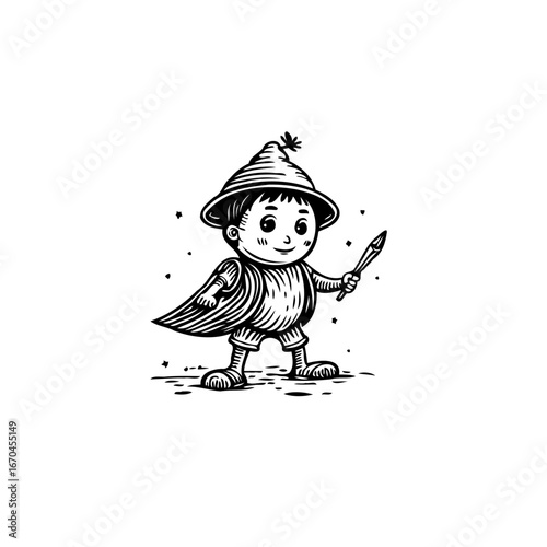 Enigmatic artist child illustration presenting an artistic soul wearing an expressive hat and
