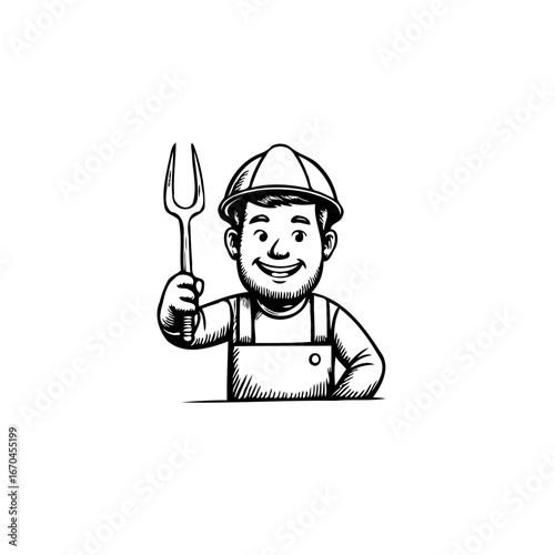 Enthusiastic worker showcases grilling tool in engaging visual communication for skilled trades