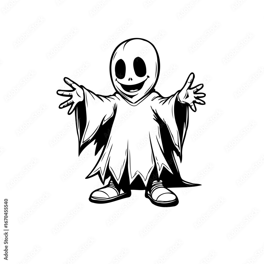 Obraz premium Friendly cartoon ghost character waving arms out smiling big black and white vector illustration