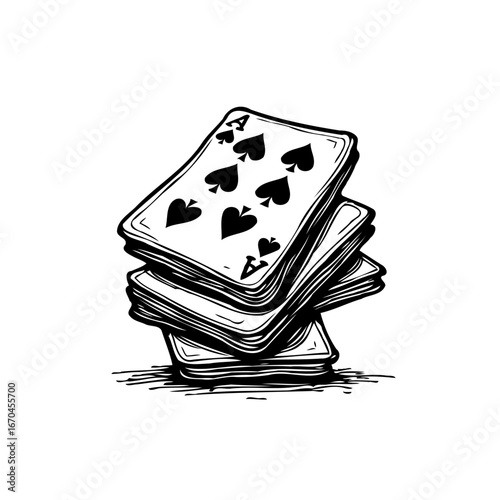 Hand drawn playing cards stacked illustration conveying chance luck and games of strategy and