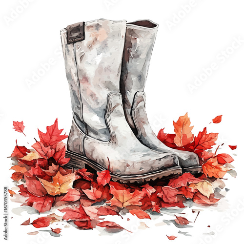 Warm Boots Crunch Leaves, watercolor drawing vector, isolated on a white background.