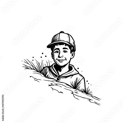 Illustration of a boy wearing a cap, smiles warmly while seemingly appearing from behind a grassy