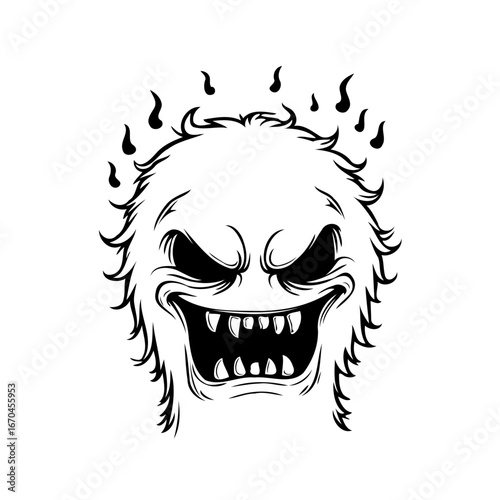 Illustration of fiery fuzzy monster with menacing grin perfect for spooky season or fantasy