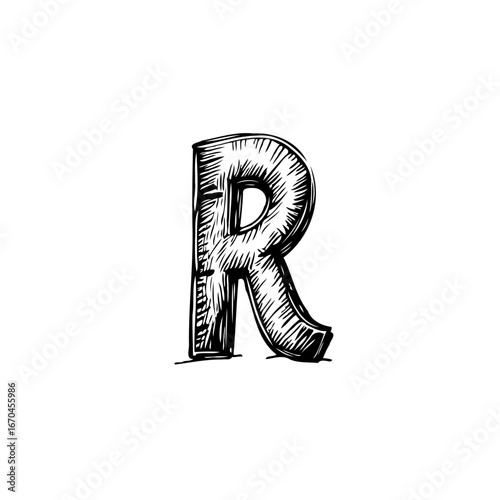 Illustration of the letter R featuring crosshatching texture in black and white with shadows and