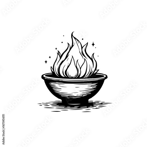 Illustrative depiction of flickering flames rising from a bowl like vessel rendered in monochrome