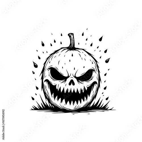 Illustrative halloween themed grinning gourd design, a menacing jack-o-lantern drawing ready to
